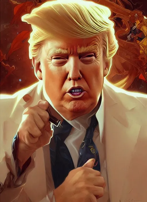 Image similar to donald trump painted by artgerm and greg rutkowski and alphonse mucha. clear highly detailed face, beautiful sci fi art