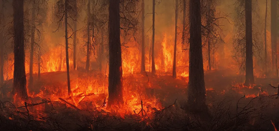Prompt: full portrait of a forest fire, inferno, smoke, flames, dark, gloomy, horror, screaming, a small farm is burning in the distance, insanely detailed, photorealistic, cinematic, dramatic lighting,