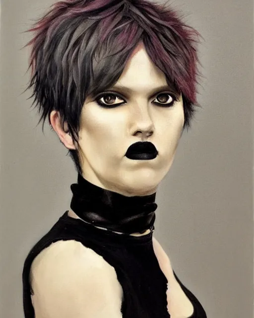 Image similar to A goth portrait painted by Dan Witz. Her hair is dark brown and cut into a short, messy pixie cut. She has a slightly rounded face, with a pointed chin, large entirely-black eyes, and a small nose. She is wearing a black tank top, a black leather jacket, a black knee-length skirt, a black choker, and black leather boots.