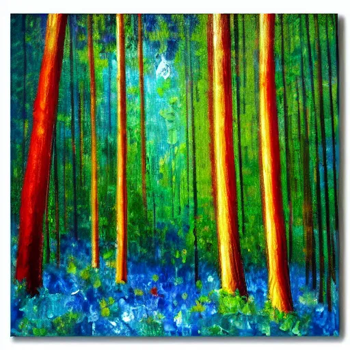 Prompt: a forest with green, blue, red tree trunks. acrylic of canvas, impressionist painting