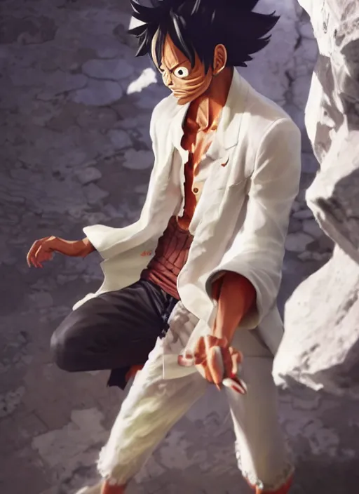 Prompt: a professional render of luffy wearing a white suit, concept art, sharp detail, smooth render, art style by Ruan Jia and Mandy Jurgens and Ian Spriggs and William-Adolphe Bouguerea