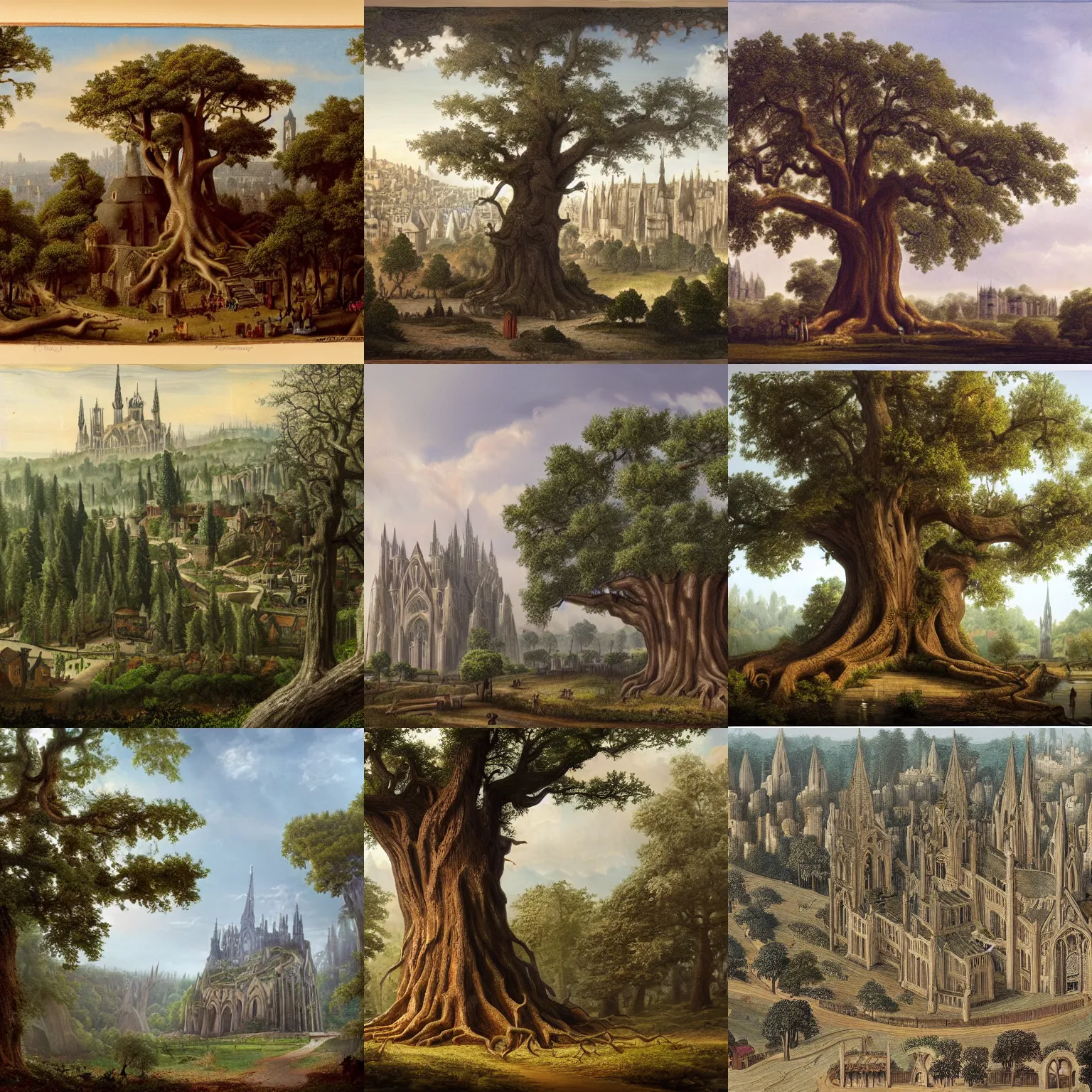 Prompt: a matte painting of a massive oversized oak tree in the middle of a forest. a miniature medieval city with cathedrals and small houses is sprawling along the roots and branches of the tree.