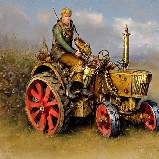 Image similar to ( ( ( ( ( the medieval king riding royal farm tractor, fully ornated with intricate gold and jewels. muted colors. ) ) ) ) ) high resolution, high quality, by jean - baptiste monge