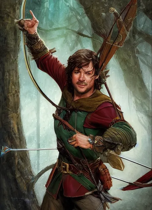 Prompt: bowman archer, robin hood, ultra detailed fantasy, dndbeyond, bright, colourful, realistic, dnd character portrait, full body, pathfinder, pinterest, art by ralph horsley, dnd, rpg, lotr game design fanart by concept art, behance hd, artstation, deviantart, hdr render in unreal engine 5
