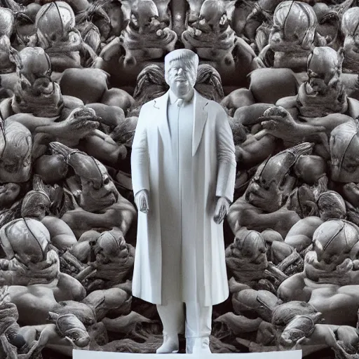 Prompt: close up photo of highly detailed marble statue of donald trump in a museum with a large crowd of gray aliens observing, far future, 8 k, 1 5 0 mp,