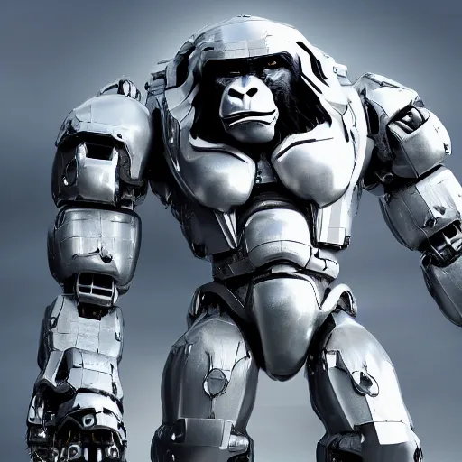 Prompt: huge full body white metalic gorilla mecha, with gorilla face, futuristic dystopian, mean, evil, isolated, with tiny human beside, ambient occlusion, 8k render, cg render, hyper real, realistic, octane