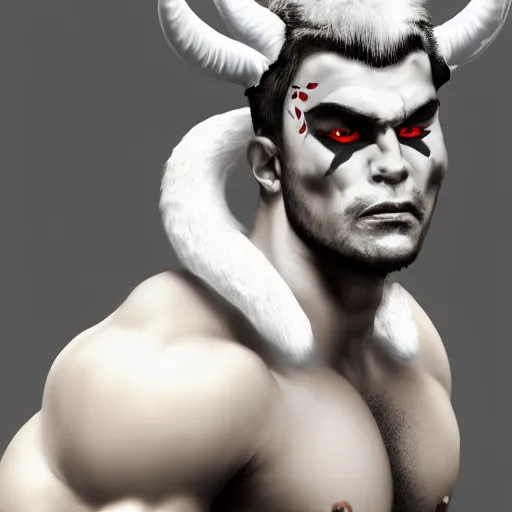 Image similar to muscular demon with white horns, white face, young, careless, focus on face, still, photograph, digital painting, trending on artstation, masterpiece, in the style of JB Casacop