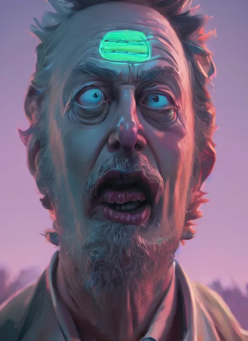 Image similar to fantasy portrait of drunk alcoholic rick from rick & morty, intricate abstract. intricate artwork, by greg rutkowski, wlop, beeple, dan mumford. concept art, octane render, trending on artstation, greg rutkowski very coherent symmetrical artwork. cinematic, key art, hyper realism, high detail, octane render, 8 k, iridescent accents