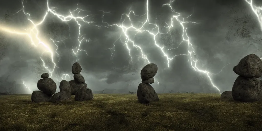 Image similar to Photorealistic strange dark monks perform a magical occult ritual, in an epic landscape with magical illuminated symbols floating above them. Magically floating rocks, with ominous storm clouds, strange levitating stones, stones falling from the sky, a gentle rising mist. occult photorealism, UHD, amazing depth, glowing, golden ratio, 3D octane cycle unreal engine 5, volumetric lighting, cinematic lighting, cgstation artstation concept art