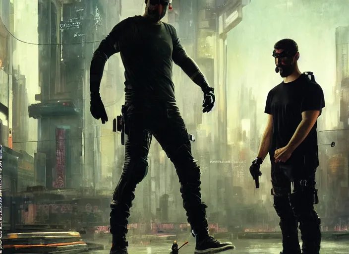 Image similar to cyberpunk sam fisher knocking out a guard ( blade runner 2 0 4 9, dystopian, cyberpunk 2 0 7 7 character design ). orientalist portrait by john william waterhouse and james gurney and theodore ralli and nasreddine dinet, oil on canvas. cinematic, hyper realism, realistic proportions, dramatic lighting, high detail 4 k