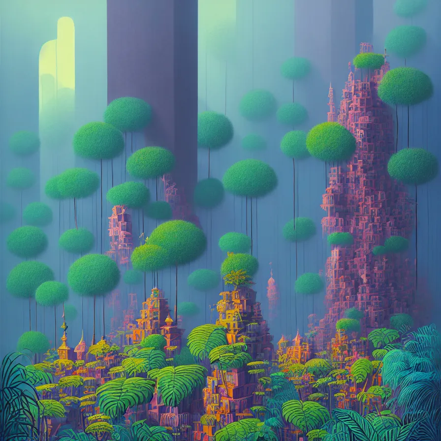 Prompt: surreal gediminas pranckevicius, malaysia jungle, summer morning, very coherent and colorful high contrast art by james gilleard james gurney floralpunk screen printing woodblock, jenga tower, dark shadows, pastel color, hard lighting, stippled light, art nouveau, film noir