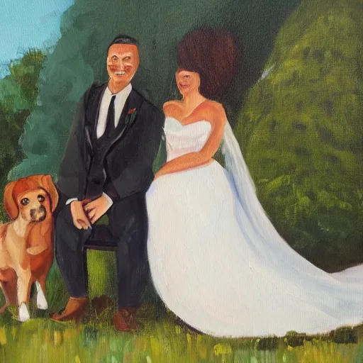 Image similar to a painting of a couple that has just been married, with their little dog beside them on a beautiful sunny day