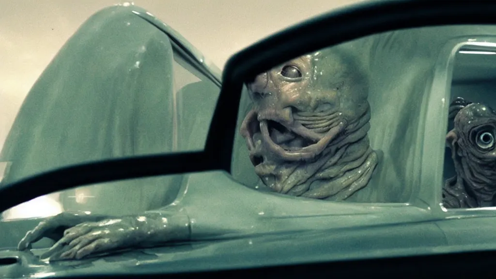 Image similar to the creature sits in a car, made of wax and metal, they look me in the eye, film still from the movie directed by Denis Villeneuve and David Cronenberg with art direction by Salvador Dalí, wide lens