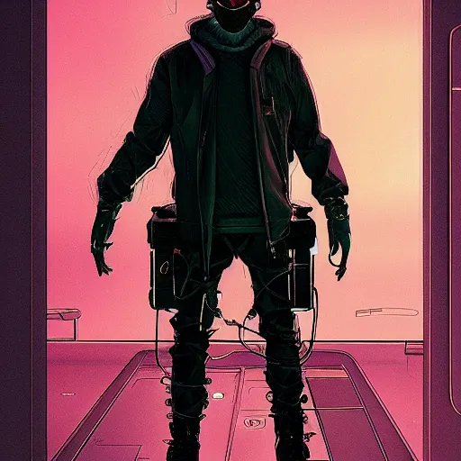 Image similar to a cyberpunk man with implants, techwear, Industrial Scifi, detailed illustration, character portrait, by Martin Grip and Moebius