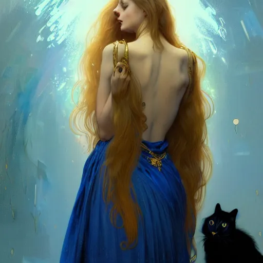 Image similar to A girl in a blue dress standing over a pile of books with golden locks down her back and a black cat at her feet, face, fantasy, intricate, elegant, highly detailed, digital painting, artstation, concept art, smooth, sharp focus, illustration, art by Krenz Cushart and Artem Demura and alphonse mucha