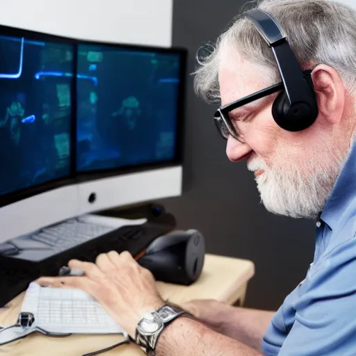 Prompt: a large old man with glasses streaming FPS game on his PC, 4k image,