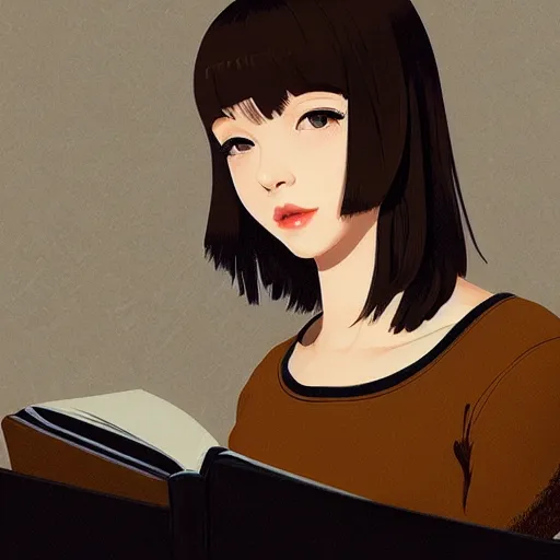 Prompt: portrait by ilya kuvshinov of a beautiful girl reading a book, slight smile, symmetrical face, trending on pixiv, fhd, detailed, subdued color palette