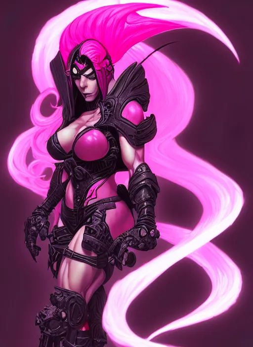 Image similar to lilith from darksiders, wide angle view, neon pink and black color scheme, highly detailed, artgerm, cushart krenz, king of fighters style, trending on artstation, soft light, sharp focus, illustration, character design, concept art