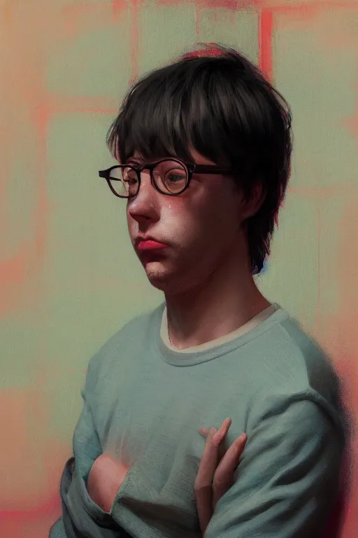 Image similar to a portrait of a todd solondz, dreaming of kissing a girl, sad and lonley, vivid colors, soft lighting, atmospheric, cinematic, moody, in the style of francis bacon and ilya kuvshinov and range murata, krenz cushart, oil on canvas, 8 k