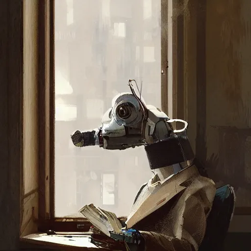 Image similar to robot reading the newspaper in his armchair in the background books near a window by Greg rutkowski, Trending artstation