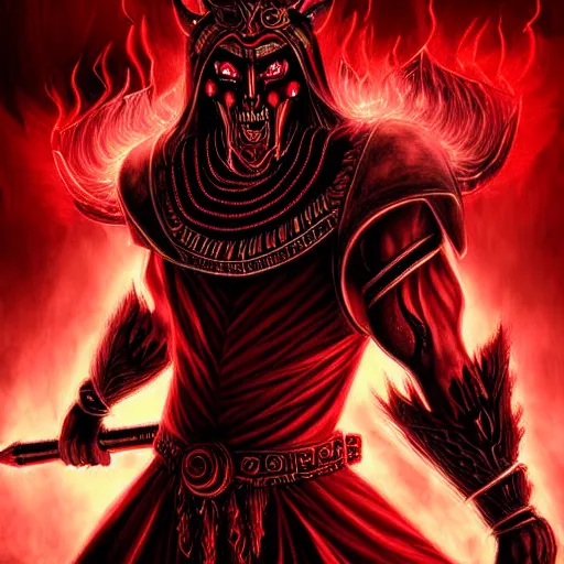 Image similar to epic chthonic ancient warrior black veins red demonic eyes, red smoke on the background by Boris Valejio, high detailed digital art