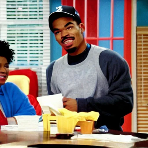 Image similar to a tv still of Chance The Rapper starring as a black college student at Jones College Prep in a 1993 sitcom