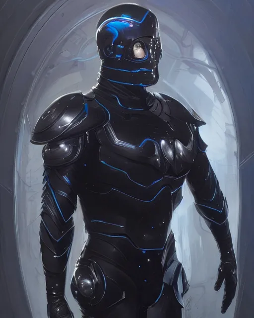 Image similar to iridescent wiry muscular male smooth sleek glossy black pearlescent scifi armor with smooth black featureless helmet, by greg rutkowski and mark brookes and jim burns and tom bagshaw and magali villeneuve, trending on artstation