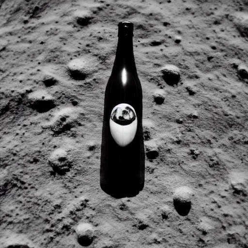 Prompt: symmetrical photo of bottle standing on moon