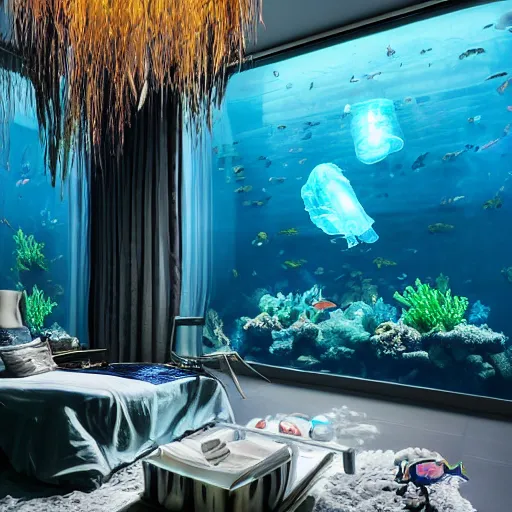 Prompt: real photo of the modern fashionable room as aquarium with a chandelier as a big jellyfish, beautiful corals on the walls and dangerous sharks on the big panoramic window, realism, sharp details, cinematic, a lot of gleans, under the ocean, realistic colors, realistic shadows, daylight by beeple and by greg rutkowski