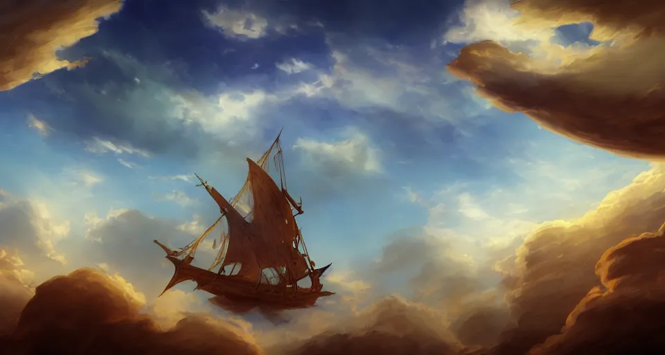 Image similar to a large wooden fantasy sky - ship with horizontal sails flying through the clouds with blue sky, andreas rocha style