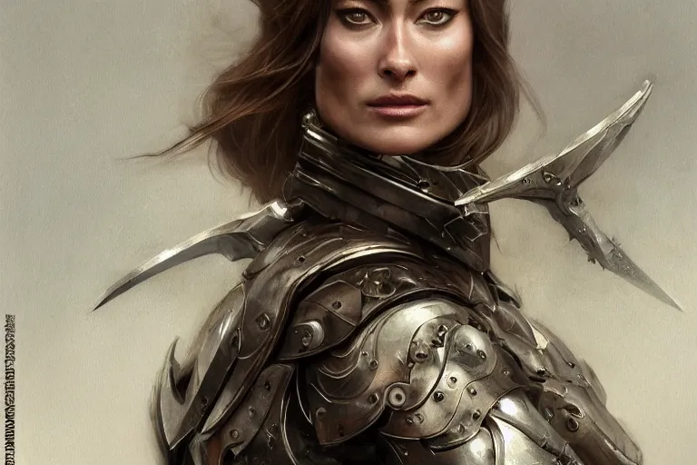 Image similar to a finely detailed portrait of Olivia Wilde, clothed in battle armor, olive skin, long dark hair, beautiful bone structure, symmetrical facial features, intricate, elegant, digital painting, trending on Artstation, concept art, smooth, sharp focus, illustration, from Metal Gear by Ruan Jia and Mandy Jurgens and Artgerm and Greg Rutkowski and william-adolphe bouguerea, award winning