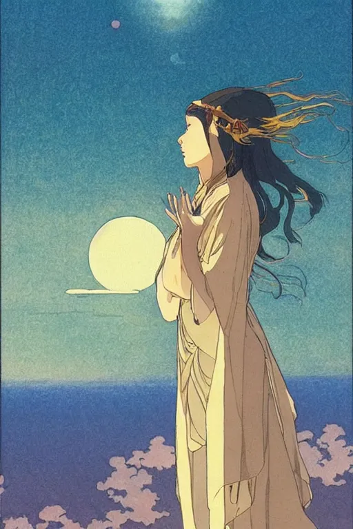 Image similar to A mystic woman peers over the horizon to find the sun setting over another planet and a fine mist of mana obscuring her vision by studio ghibli and mucha