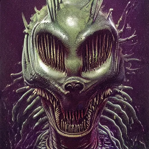 Image similar to space alien, slimy, glossy, sharp teeth, by h. r. giger, beksinski, nightmare fuel, nightmarish, intricate, highly detailed, optical illusion, stranger things demogorgon, volumetric lighting, flickering