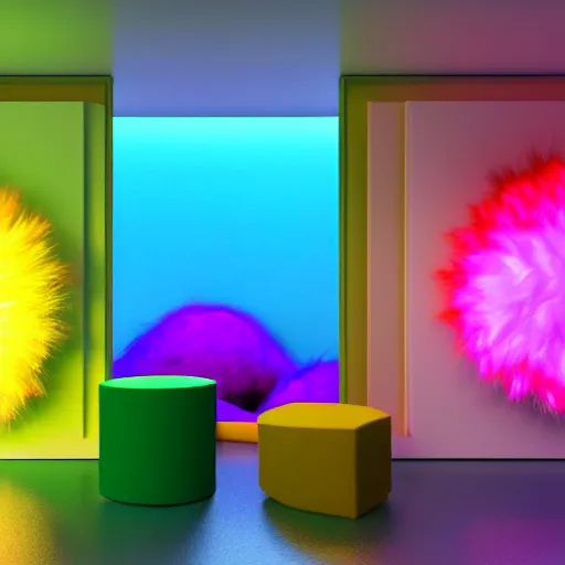 Image similar to : colorful abstract fuzzy sculpture art on the wall in modern architecture studio, cinematic lighting, hyper - realistic, detailed, render by c 4 d octane, unreal engine, 8 k 3 d render