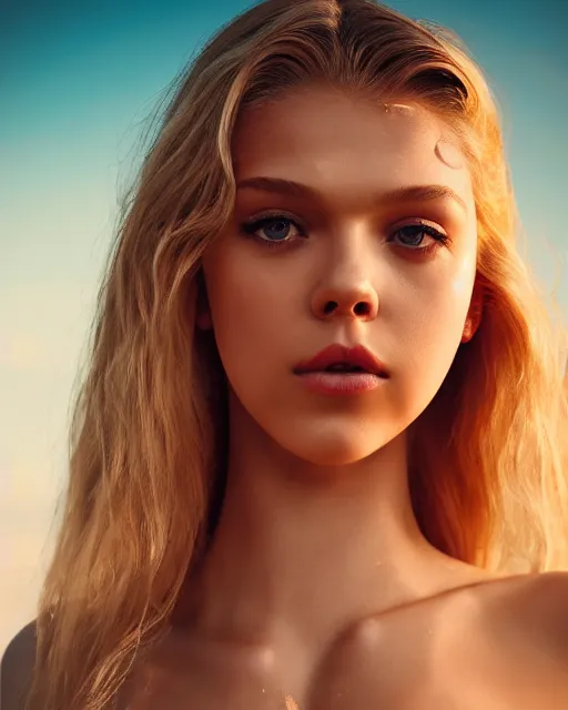 Image similar to Beautiful Head and shoulders portrait of confident flirty Nicola Peltz with straight long blonde hair and wet skin, wearing a bikini by alberto Vargas, arney freytag, artstation, 35mm, fashion photoshoot, posing on the beach, golden hour, bokeh, rim lighting, fashion pose, octane, 4k