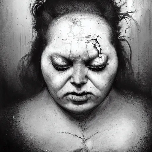 Image similar to portrait of the face of big fat old sumoringer as despair from sandman, venus of willendorf, by jeremy mann, by gregory crewdson, by bastien lecouffe deharme, by russ mills, sad face, topknot, black hair, mourning, black eyes, white room, soft lightning, high detailed, 8 k