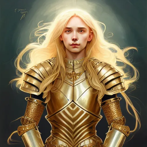Prompt: Portrait of a girl with blonde hair wearing a heavy knight armor, golden accents, face, fantasy, intricate, elegant, highly detailed, digital painting, artstation, concept art, smooth, sharp focus, illustration, art by Wei Fan and Fernanda Suarez and Artem Demura and alphonse mucha