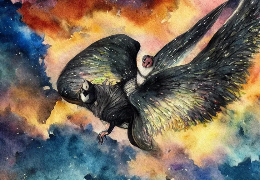 Image similar to legendary colorful winged possum flying over a medieval castle at night under the dark starred sky, dark fantasy, watercolor, dreaming illusion, highly detailed, 4k, trending on Artstation