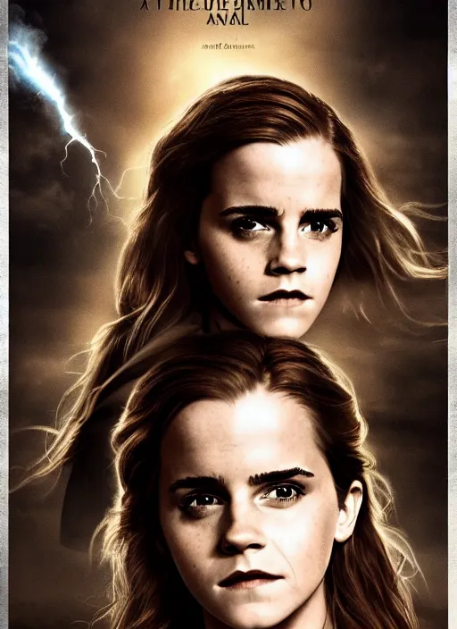 Image similar to Movie poster, Emma Watson as Hermione Granger, dark, thunderstorm, extremely detailed, award winning, 4K