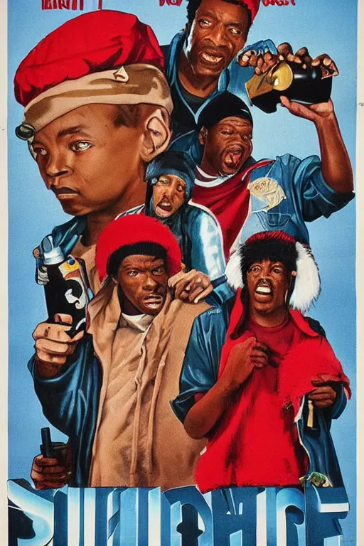 Prompt: poster the movie 1 9 8 8 ussr don't be a menace to south central while drinking your juice in the hood, perfect symmetrical eye, soviet russian winter fur hat with earflaps ushankas vodkra kremlin babushka