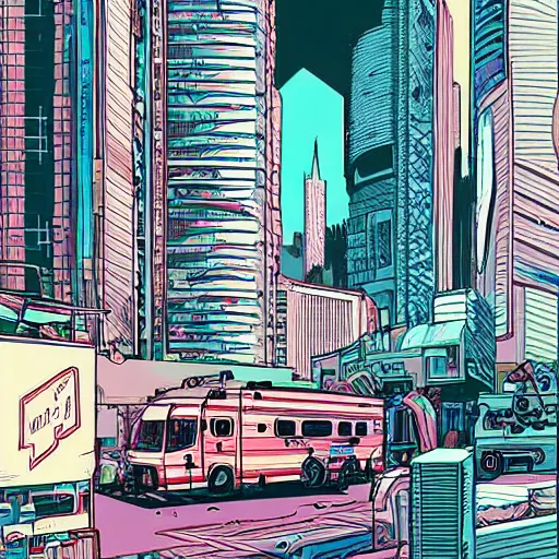 Image similar to painting of an RV in a cyberpunk city by Laurie Greasley, hyper detailed, vivid colors