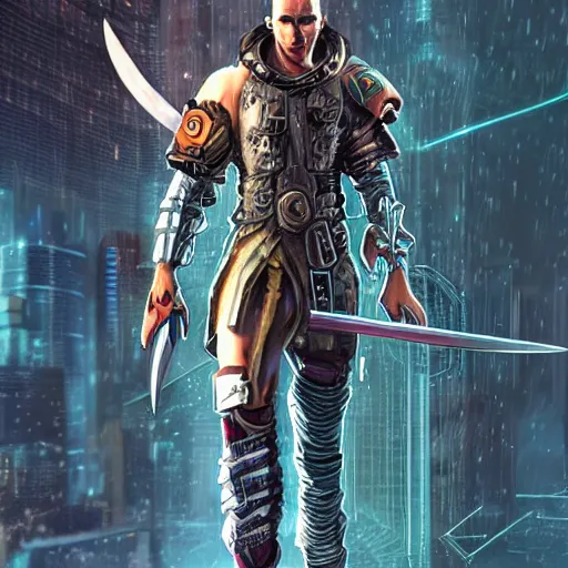 Prompt: cyberpunk warrior with fantasy sword