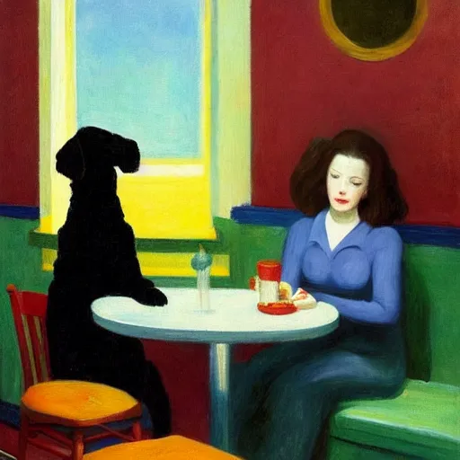 Image similar to Black Goldendoodle with a bright face and a puppy sitting at a diner drinking a cup of coffee, looking melancholy, edward hopper