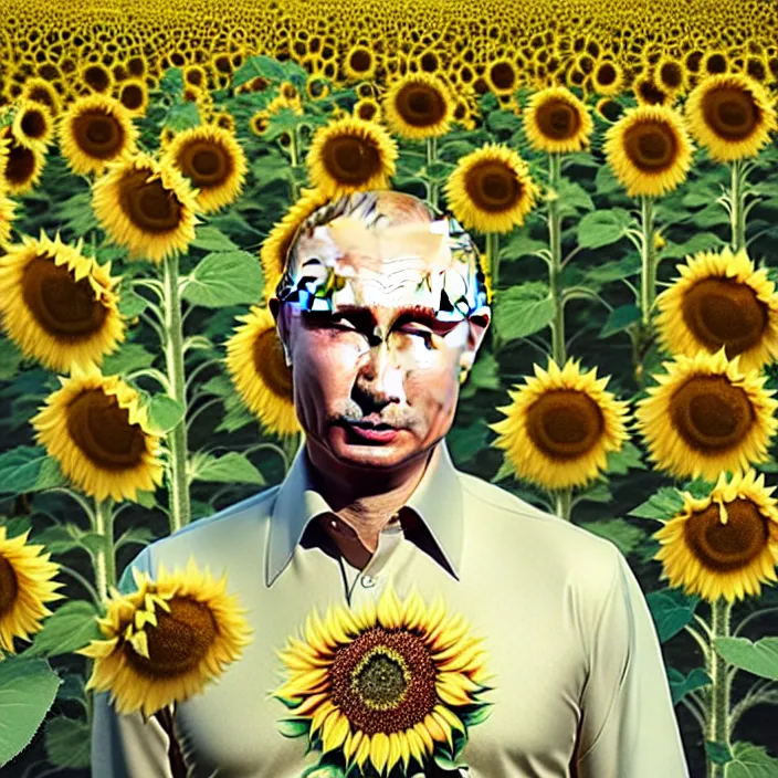 Image similar to photo portrait of Putin in sunflower field, dressed in leisure shirt with ornamental ethereal sunflower pattern, natural skin tone, raging war and explosions in the background, face is naturally detailed, elegant, Realistic, Refined, Highly Detailed, natural soft pastel lighting colors scheme, fine art photography by Cecil Beaton, volumetric lighting, hyper realistic photography