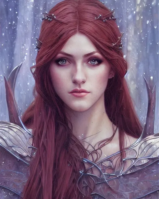 Image similar to portrait of katherine mcnamara elven mage, dark, piercing eyes, gentle expression, elegant clothing, photorealistic, highly detailed, artstation, smooth, sharp focus, art by michael whelan, artgerm, greg rutkowski and alphonse mucha