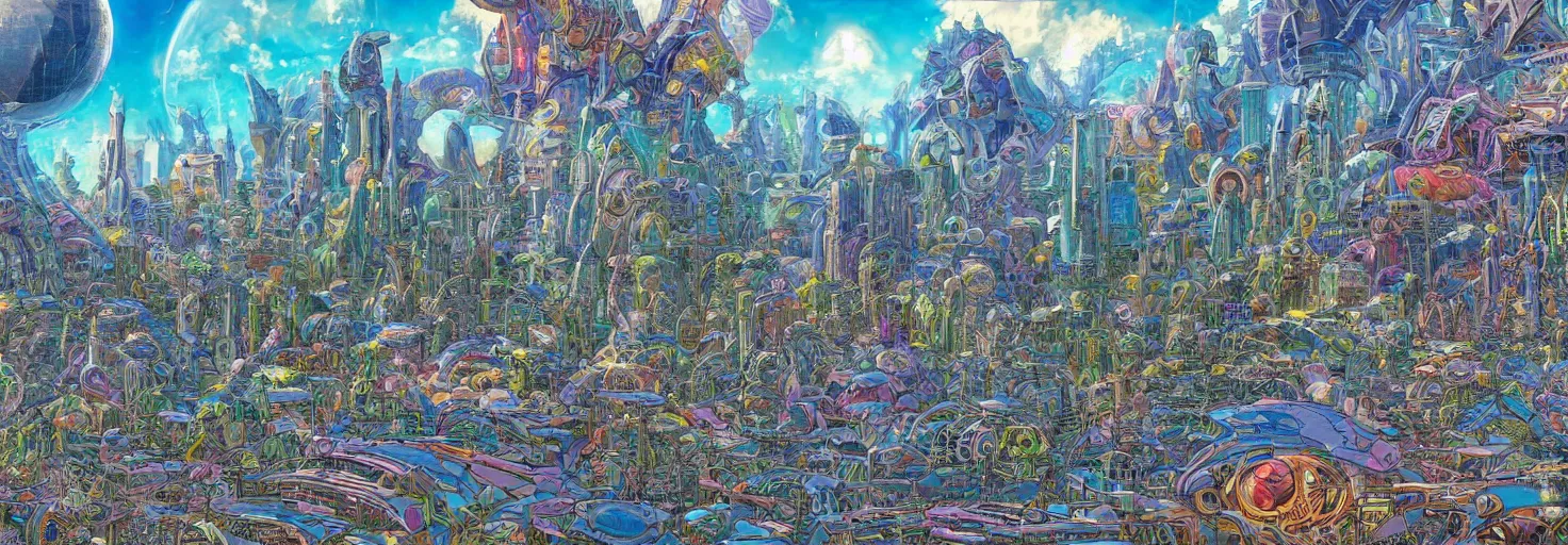 Image similar to beautiful landscape mural of a great advanced futuristic city in an alien planet, futuristic landscape, vivid colors, intricate, highly detailed, masterful, fantasy world, in the style of moebius, akira toriyama, jean giraud, 8 k, crystal clear illustration,