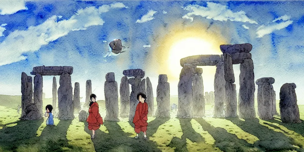 Image similar to a hyperrealist studio ghibli watercolor fantasy concept art of a giant chinese god and a small grey alien in stonehenge in the early morning. a giant gold ufo is floating in the air. by rebecca guay, michael kaluta, charles vess