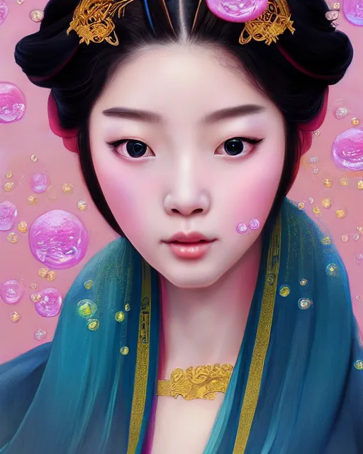 Image similar to portrait of chinese han clothing girl, dreamy and ethereal, expressive pose, big gold eyes, firm expression, fantasy, intricate, elegant, many rainbow bubbles, rose tones, highly detailed, digital painting, artstation, concept art, smooth, sharp focus, illustration, art by artgerm and greg rutkowskiand alphonse mucha