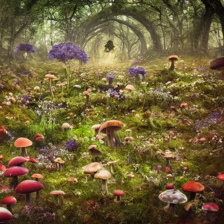 Image similar to a planet of various fungus, mushrooms, flowers and plants, inside the picture is infinity, Atmospheric, artistic photography, conceptual, long exposure outside the city, volumetric light