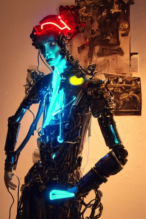 Image similar to full-body neon porcelain bladerunner style sculpture of a young handsome Italian prince as a high-fashion half-robot with a porcelain chest opening exposing a battery leaking radioactive liquid and electric sparks, glowing red laser beam eyes, crown of giant sapphires, flowing neon-colored silk, luminescent fabrics, mechanical raptors. baroque and steampunk elements. full-length view. baroque element. intricate artwork by caravaggio. Very very very very highly detailed epic photo of face. Trending on artstation, octane render, cinematic lighting from the right, hyper realism, octane render, 8k, depth of field, 3D